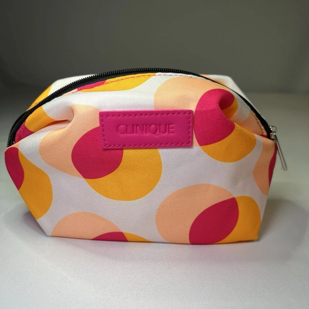 CLINIQUE White Orange Pink Polka Dots Makeup Cosmetic Pouch‎ Case Bag New